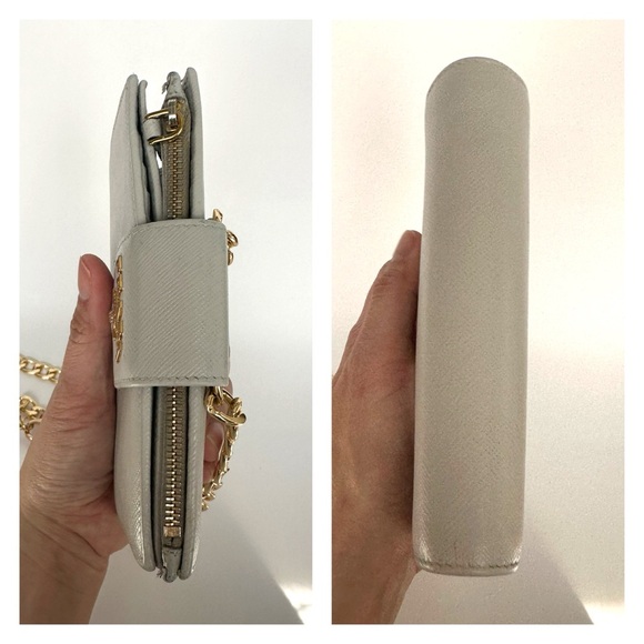 ๐ฏ PRADA Logo Off-White Saffiano Leather Bifold Wallet on Chain - Picture 9 of 13